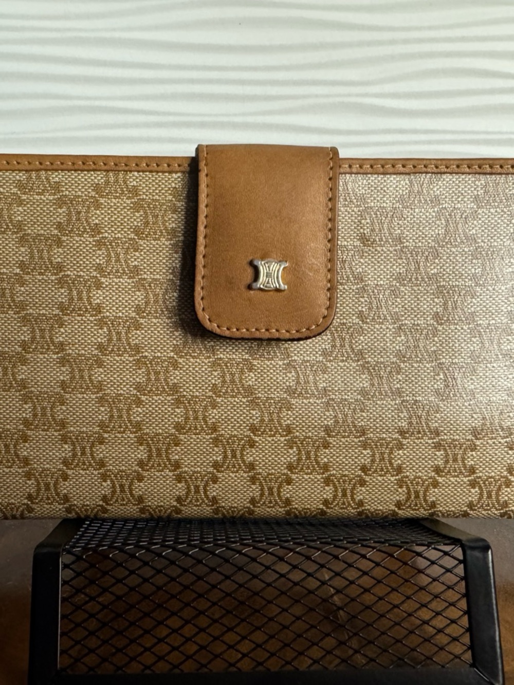 Celine Brown Tan Monogram Canvas Wallet with Leather Tab